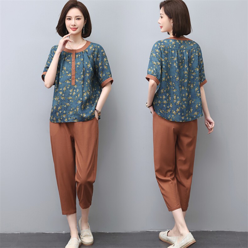 新款韩版大码遮肉印花复古棉麻衬衫女夏短袖遮肚子上衣，女装套装/套裙，璐依舞