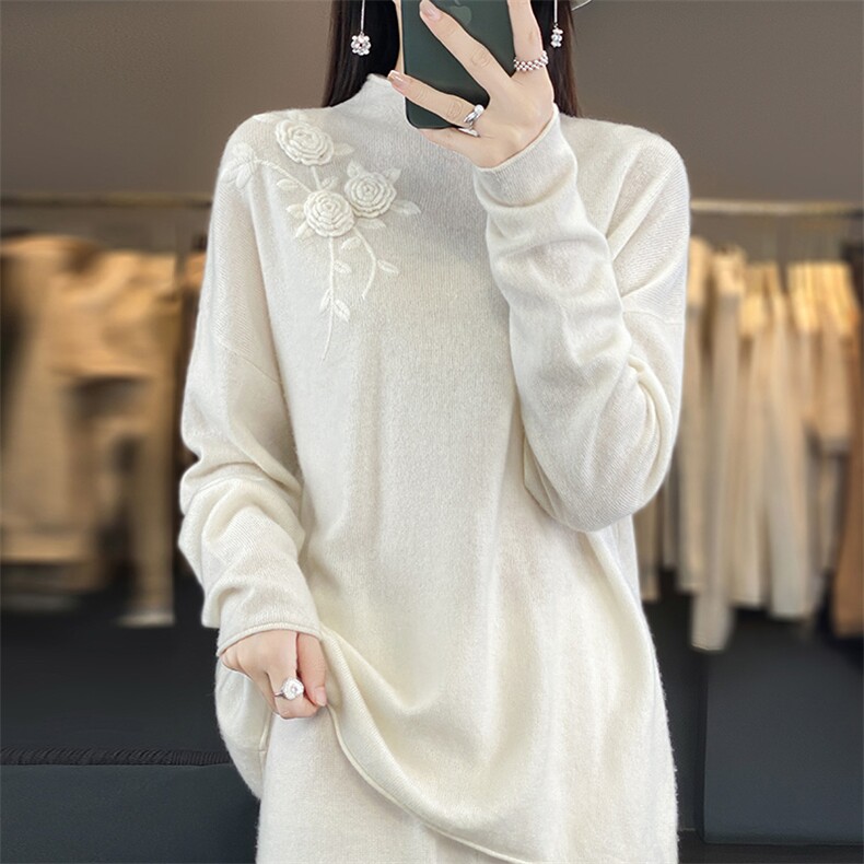 秋冬复古中长款100%羊毛衫女半高领手工刺绣连衣裙宽松羊绒打底衫，女装羊毛衫，江南羊绒