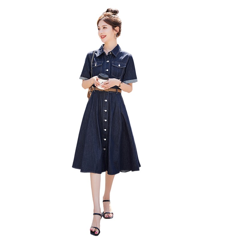 牛仔连衣裙女2025年夏季新款韩版中长款显瘦气质a字裙过膝衬衫裙,女装连衣裙,美沁