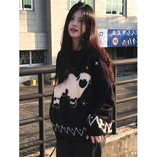 气质卡通小羊提花黑色毛衣女秋冬季宽松显瘦圆领针织衫M3302，男装针织衫/毛衣，星座1116A（原606A-3）