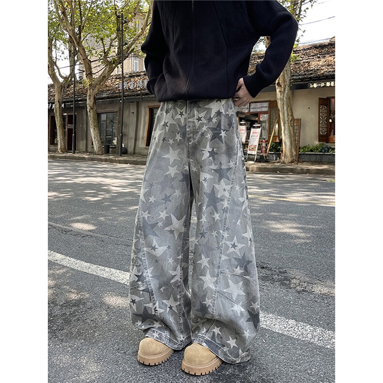 美式水洗星星印花解构弯刀牛仔裤宽松显瘦阔腿拖地裤子NZ1636图片