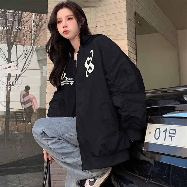 D324-P90纯色刺绣上衣棒球服宽松外套学院风拼接春季潮,女装短外套,星座911