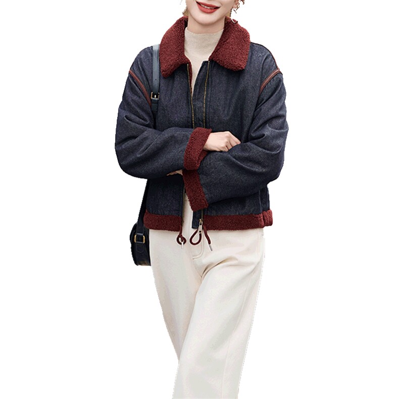 时尚拼接翻领加绒牛仔短外套女2024冬季新款小个子休闲羊羔毛棉服,女装羊羔毛/颗粒绒,美拉德工厂直营店