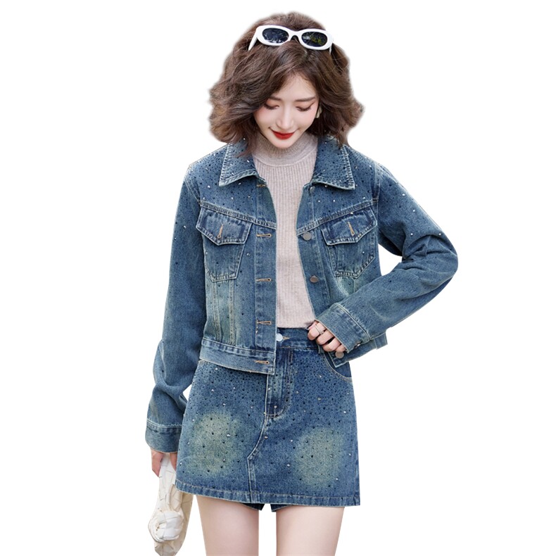 牛仔短裙套装女2025秋季新款小个子高级感欧货减龄烫钻裙裤两件套,女装套装/套裙,浪花E族（衣布洛）