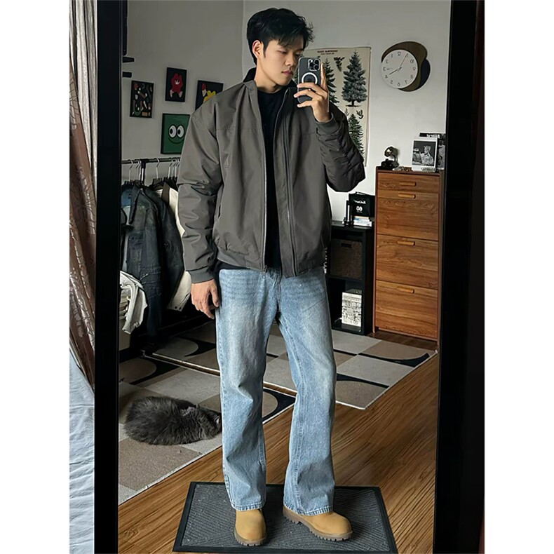 抖音得物美式潮休闲夹克春季立领纯色复古工装加厚棉服外套AMY01,男装夹克,电商A443