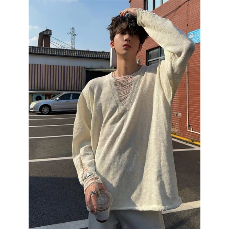 小众V领针织衫男款轻奢老钱风慵懒外穿打底衫潮牌破坏风薄款长袖，男装T恤，星座1008