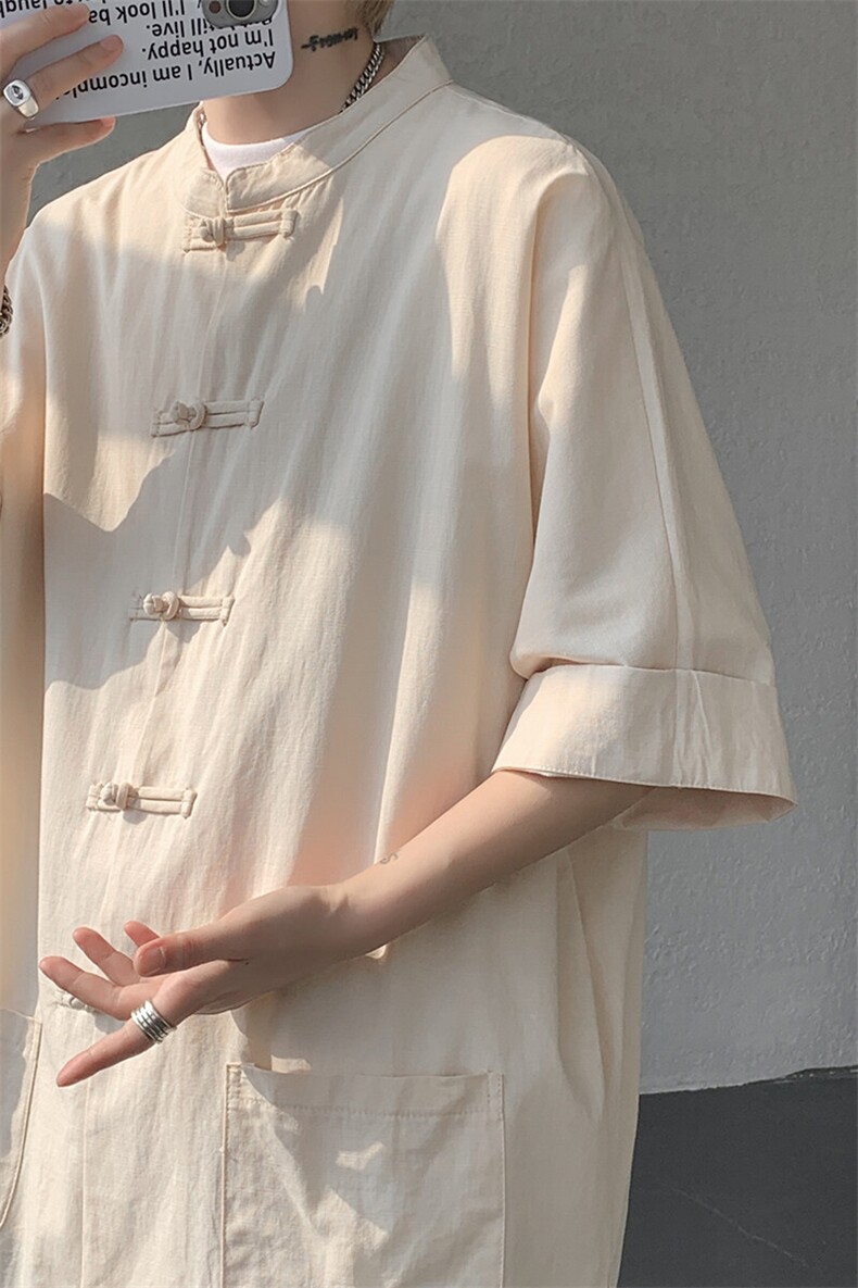 8XL-M新中式衬衫男中山装麻棉风复古中袖衬衣唐装CS527P60,男装衬衫,电商D206-1