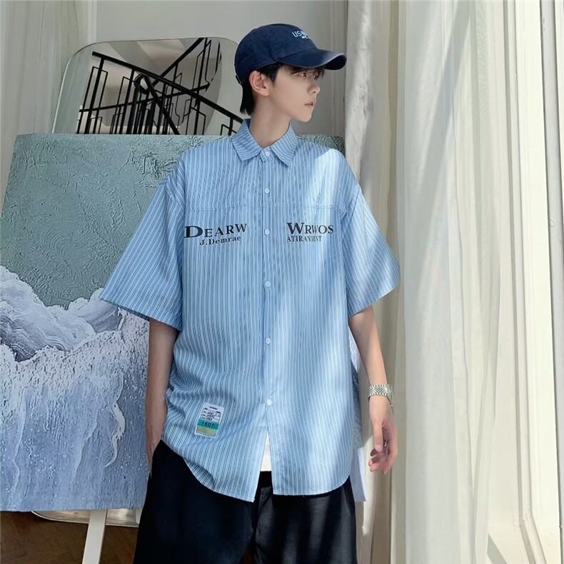 条纹短袖衬衫男夏季潮牌高级感痞帅衬衣外套宽松大码五分袖上衣,男装衬衫,星座1013