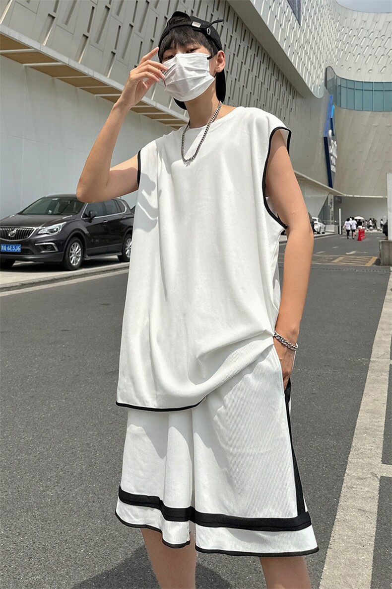 夏季现货主推青少年大码港风冰丝背心五分裤日系套装S12P50,男装休闲套装,电商B226
