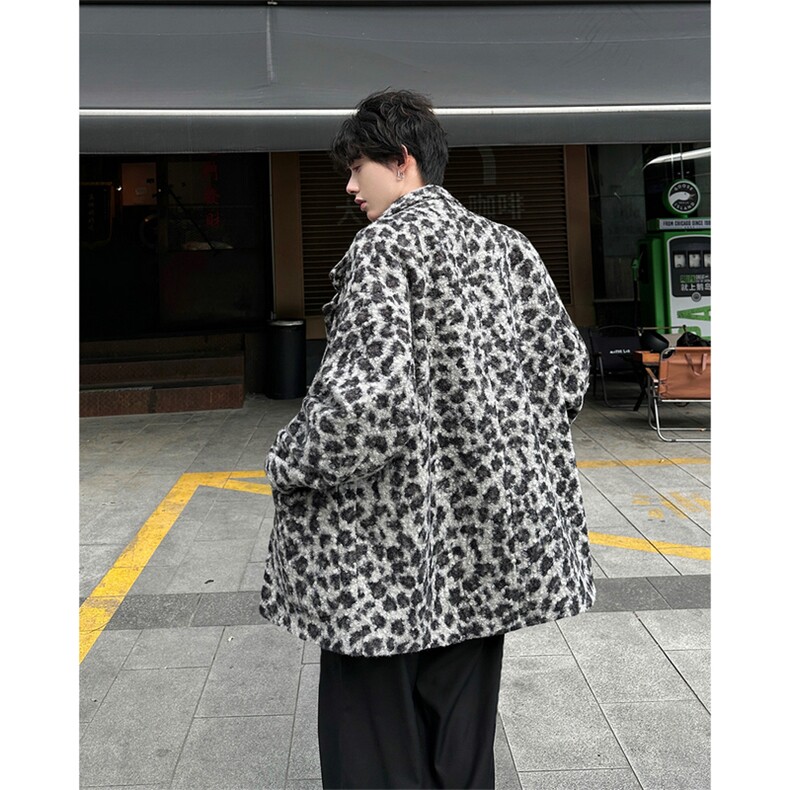 小香风豹纹毛呢外套韩系男装慵懒风高级呢料大衣504-F63-P98控138,男装毛呢大衣,星座504