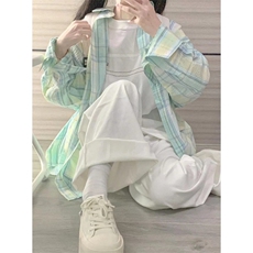 小清新薄荷绿格子衬衫女早秋新款外穿百搭防晒开衫外套LN2533-p43，男装防晒衣，星座1008
