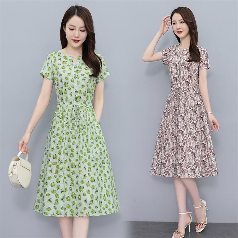 203夏季时尚简约百搭花色棉麻风短袖长款连衣裙,女装连衣裙,鑫思依格