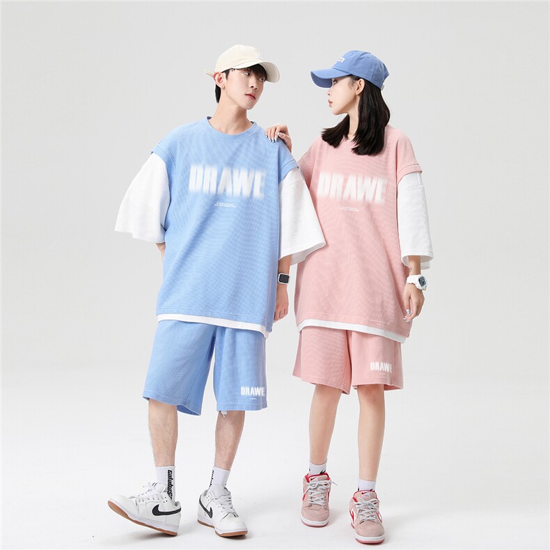 情侣装23夏季ins时尚印花圆领ins短袖运动风T恤套装TZ602P75控98,男装T恤,A247A