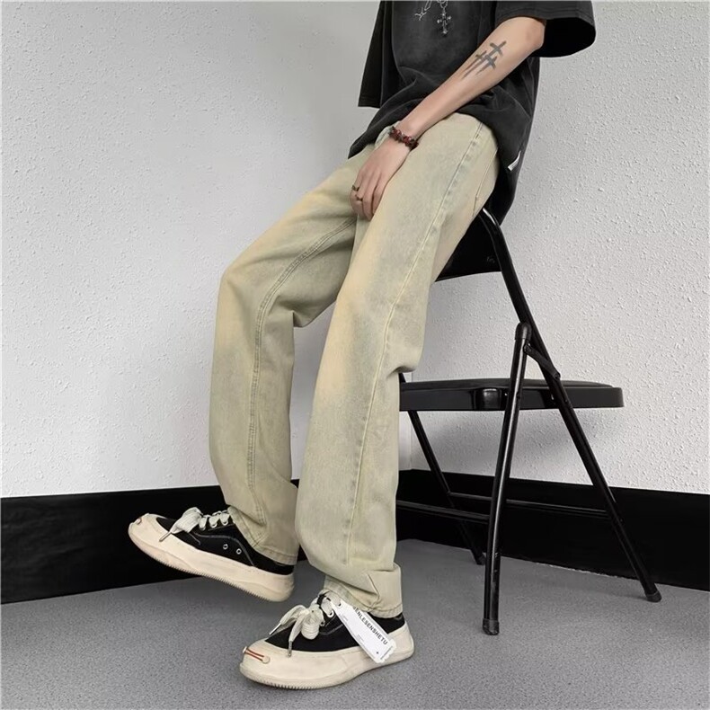 美式vibe裤子高街水洗做旧黄泥染牛仔裤男潮牌直筒微喇裤TN01-P40,男装牛仔裤,星座1008-1