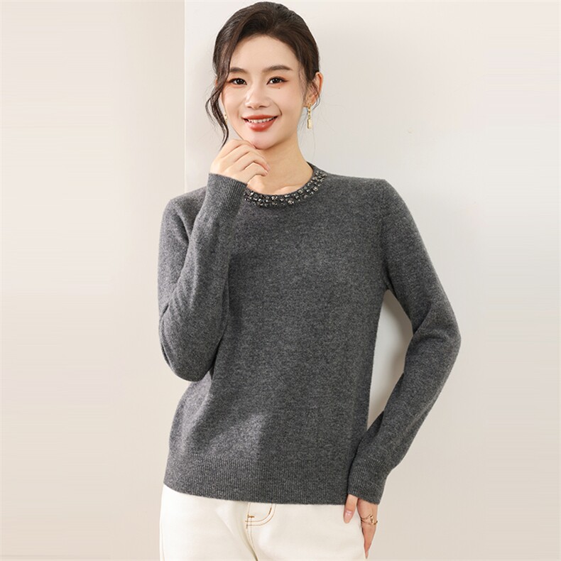 高端重工钉钻100%纯羊毛针织衫女灰色宽松显瘦百搭保暖毛衣秋冬，女装羊毛衫，佰旭羊绒