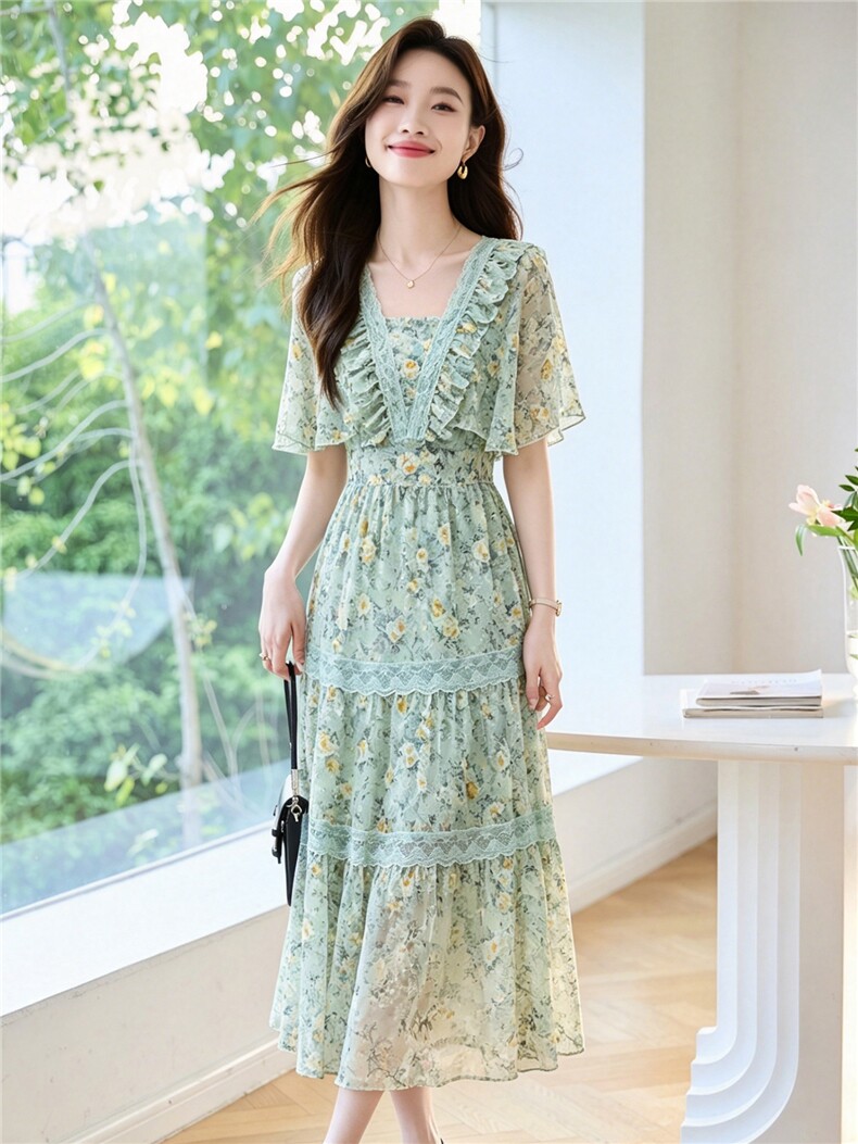法式减龄小碎花连衣裙女2026夏新款修身收腰度假风气质长裙,女装连衣裙,妙形