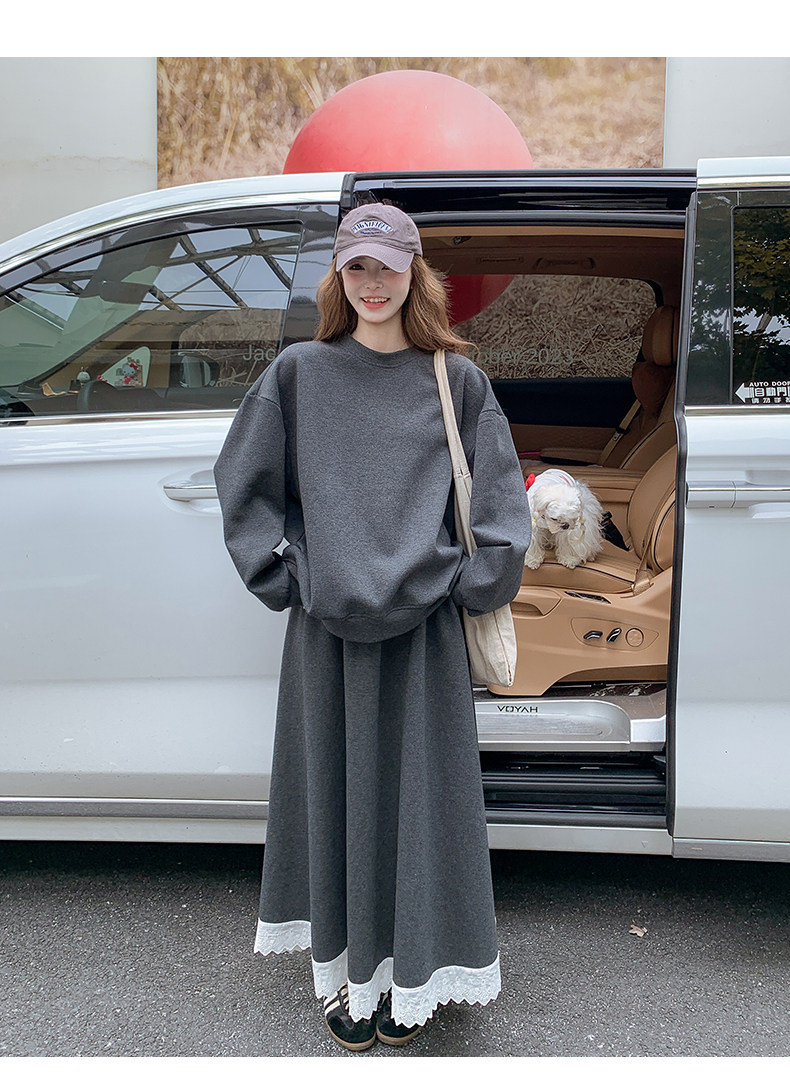 韩系独特漂亮套装裙深灰色蕾丝边卫衣半裙两件套女秋,女装套装/套裙,浙宝211
