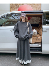 韩系独特漂亮套装裙深灰色蕾丝边卫衣半裙两件套女秋，女装套装/套裙，浙宝211