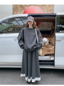 韩系独特漂亮套装裙深灰色蕾丝边卫衣半裙两件套女秋图片