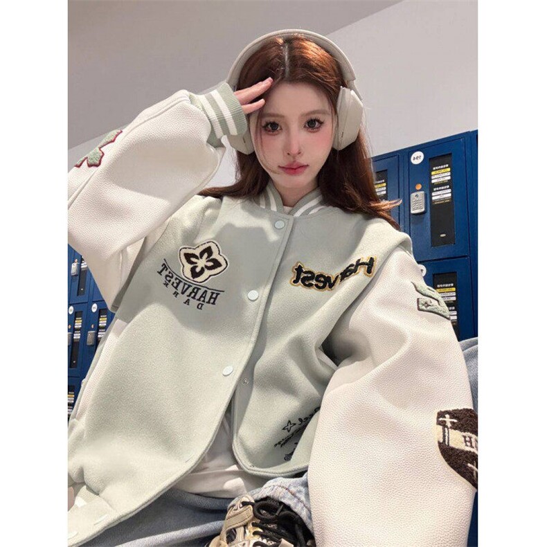 A515-P85街头学院风薄荷绿棒球服潮流百搭宽松情侣夹克上衣外套,男装夹克,星座911