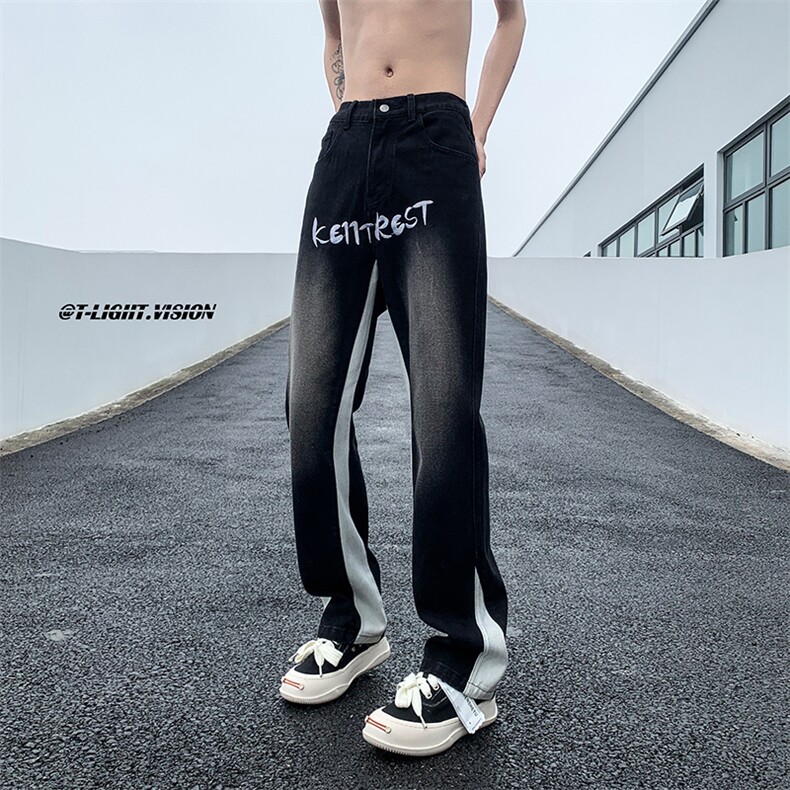 B221美式ins高街小众刺绣拼接直筒牛仔裤LK23034-P65控88,男装牛仔裤,电商B221