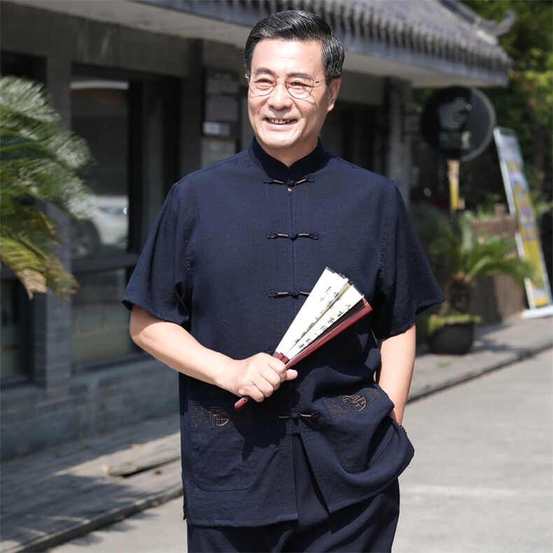 686/P50主推!爷爷短袖唐装上衣老人夏季盘扣刺绣福字衬衫男装图片