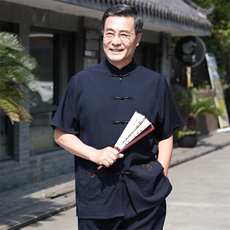686/P50主推!爷爷短袖唐装上衣老人夏季盘扣刺绣福字衬衫男装，男装衬衫，星座1216（原钱塘722）