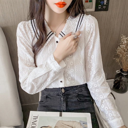 娃娃领雪纺衬衫女2021秋季新款潮洋气棉布绣花薄款长袖上衣女，女装衬衫，潮品会