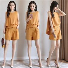 无袖纯色气质修身显瘦圆领韩版2022年夏季套装/套裙短裤，女装套装/套裙，时尚俏佳人