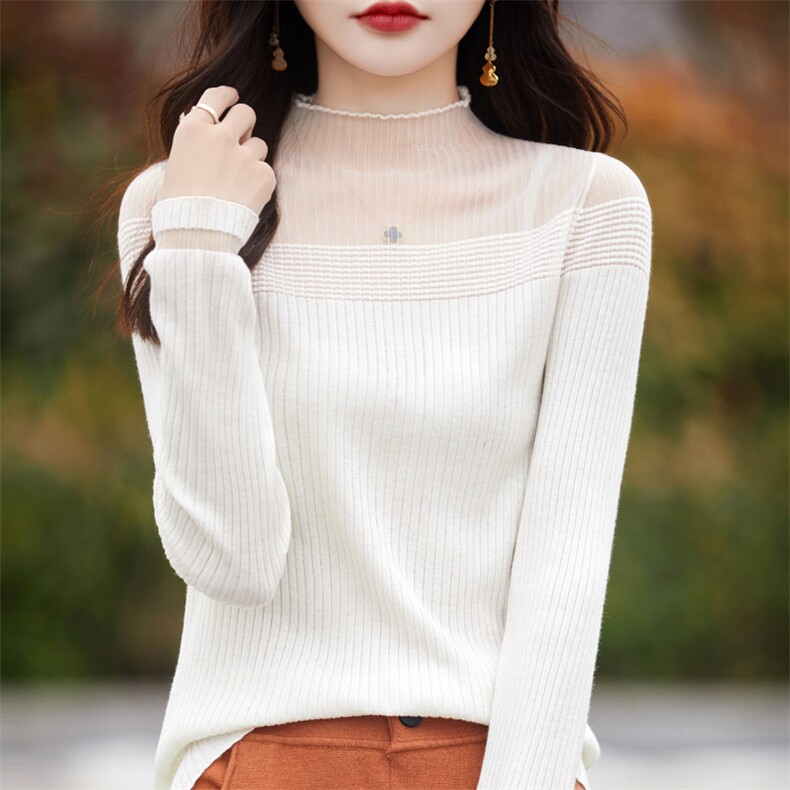 蕾丝半高领打底衫女小香风内搭上衣毛衣修身薄款针织衫羊毛衫洋气,女装羊毛衫,总能电商供货