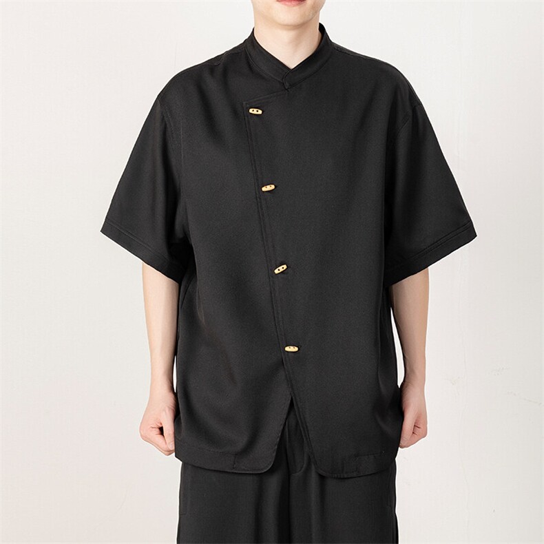 风新款男士大码立领短袖竹子木纹纹扣简约上衣T2522-P60控88,男装衬衫,电商A021