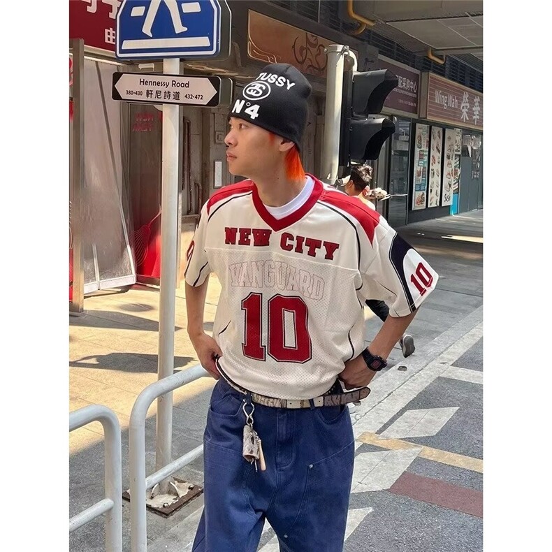 美式V领10号撞色印花拼接短袖球衣男女舒适运动宽松上衣t恤YTX171图片