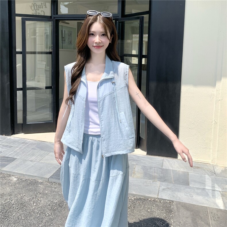 韩版减龄蓝色马甲半身裙套装女2025夏季新款慵懒风宽松休闲两件套,女装套装/套裙,2C217