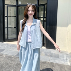 韩版减龄蓝色马甲半身裙套装女2025夏季新款慵懒风宽松休闲两件套，女装套装/套裙，2C217