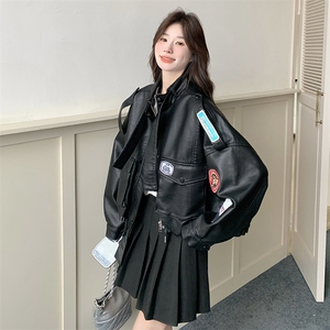 贴标黑色工装皮衣外套女春秋2025新款短款小个子pu皮夹克美式韩系图片