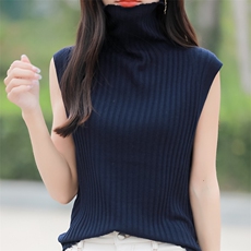 简约纯色坑条堆堆领针织马甲背心女早春时尚洋气内搭无袖坎肩上衣，女装针织衫/毛衣，佳绒包芯纱店