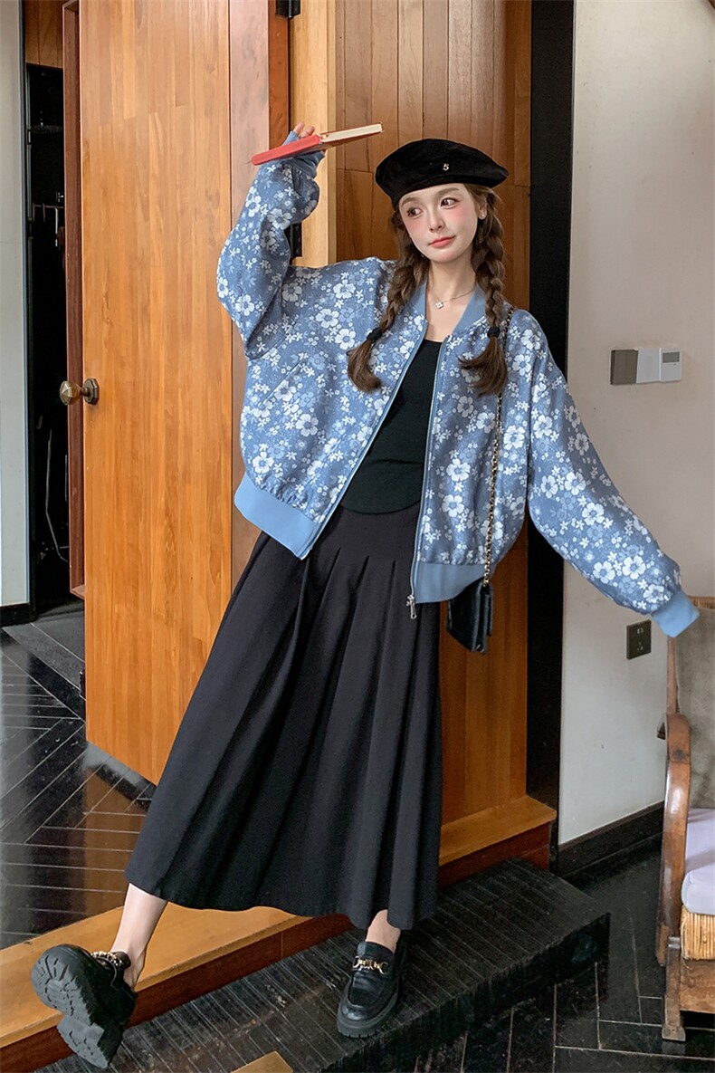 蓝色复古碎花棒球服外套女2025春季新款设计感超好看短款夹克上衣,女装短外套,浙宝276（原081）