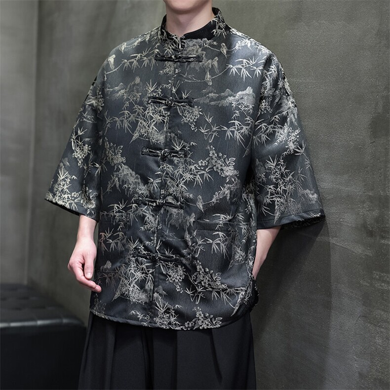 现货男士大码新中式提花竹叶小鸟花缎面短袖衬衫T2561-P65,男装衬衫,电商A021