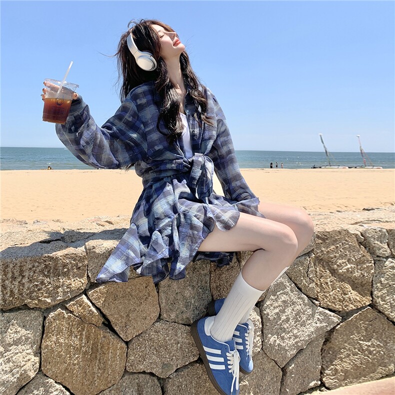 INS风新中式时尚套装时尚蓝色印花裙子碎花欧美风显瘦气质长袖,女装套装/套裙,2C168