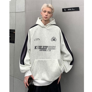 美式复古拼接连帽卫衣情侣男秋季慵懒运动宽松套头长袖W96-P78图片