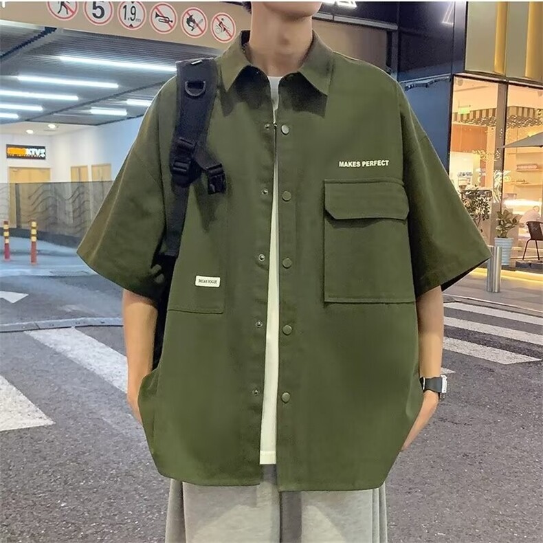 GENIOLAMODE高级感工装衬衫男士短袖夏季冰丝青少年港风宽松上衣,男装衬衫,星座1013
