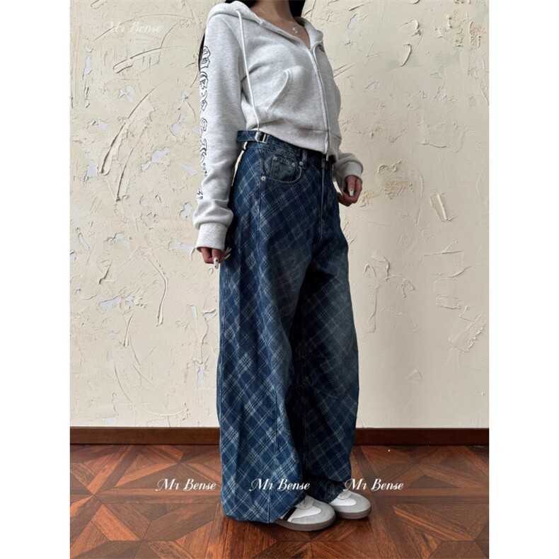 N53-P58美式复古水洗贴布格纹弯刀牛仔裤男女bf休闲百搭拖地,男装牛仔裤,电商B323A