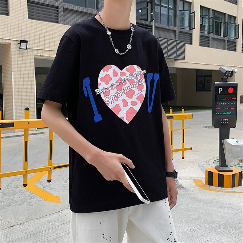 港风新款奶牛爱心印花T恤男夏季韩版学生情侣装半袖衫T126P35控49，男装T恤，电商A089-1