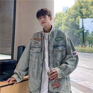 美式复古牛仔外套男女水洗做旧工装夹克vintage立领机车服 JK1215图片
