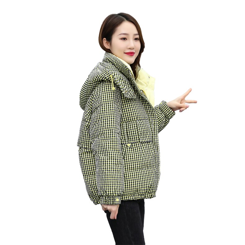 时尚格子羽绒服女短款加厚保暖外套冬季新款韩版宽松显瘦上衣,女装羽绒服,天丽