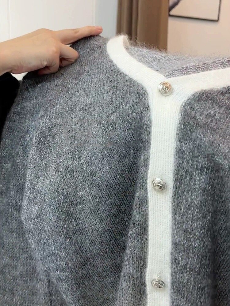 时尚V领毛衣女宽松显瘦长袖针织羊毛开衫外套秋冬百搭上衣,针织衫/毛衣,恩泰羊绒