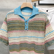 彩色宽松短袖polo美式条纹渐变镂空翻领休闲针织YP922P35，男装Polo衫，星座1013-1