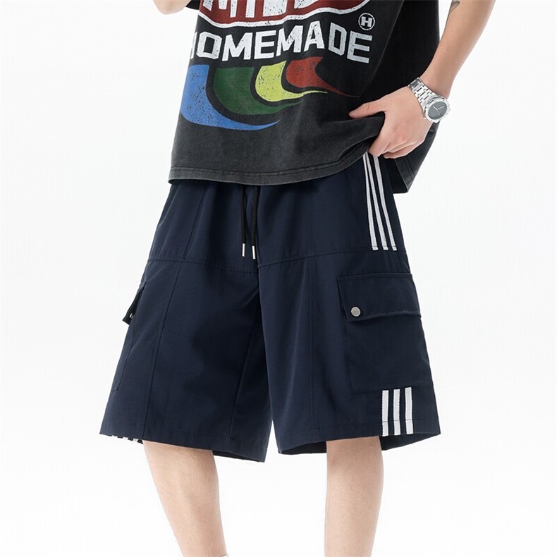 8XL-M三条杠工装短裤大码休闲运动中裤条纹冰丝五分裤DK1303/P48图片