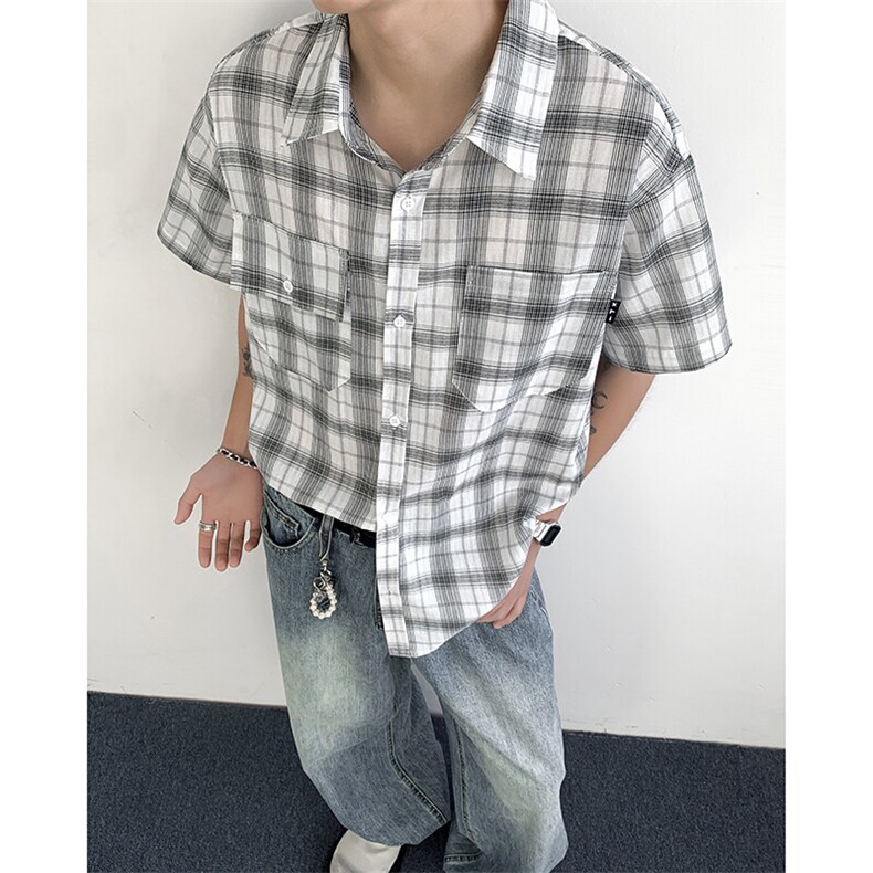 2025新款复古cityboy格子工装短袖衬衫宽松半袖衬衣现货W8617-P32，男装T恤，星座512-4