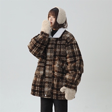 毛呢秋冬格子大衣翻领羊羔绒加绒加厚棉服宽松外套A170-M808-TP95，男装棉衣，电商A170